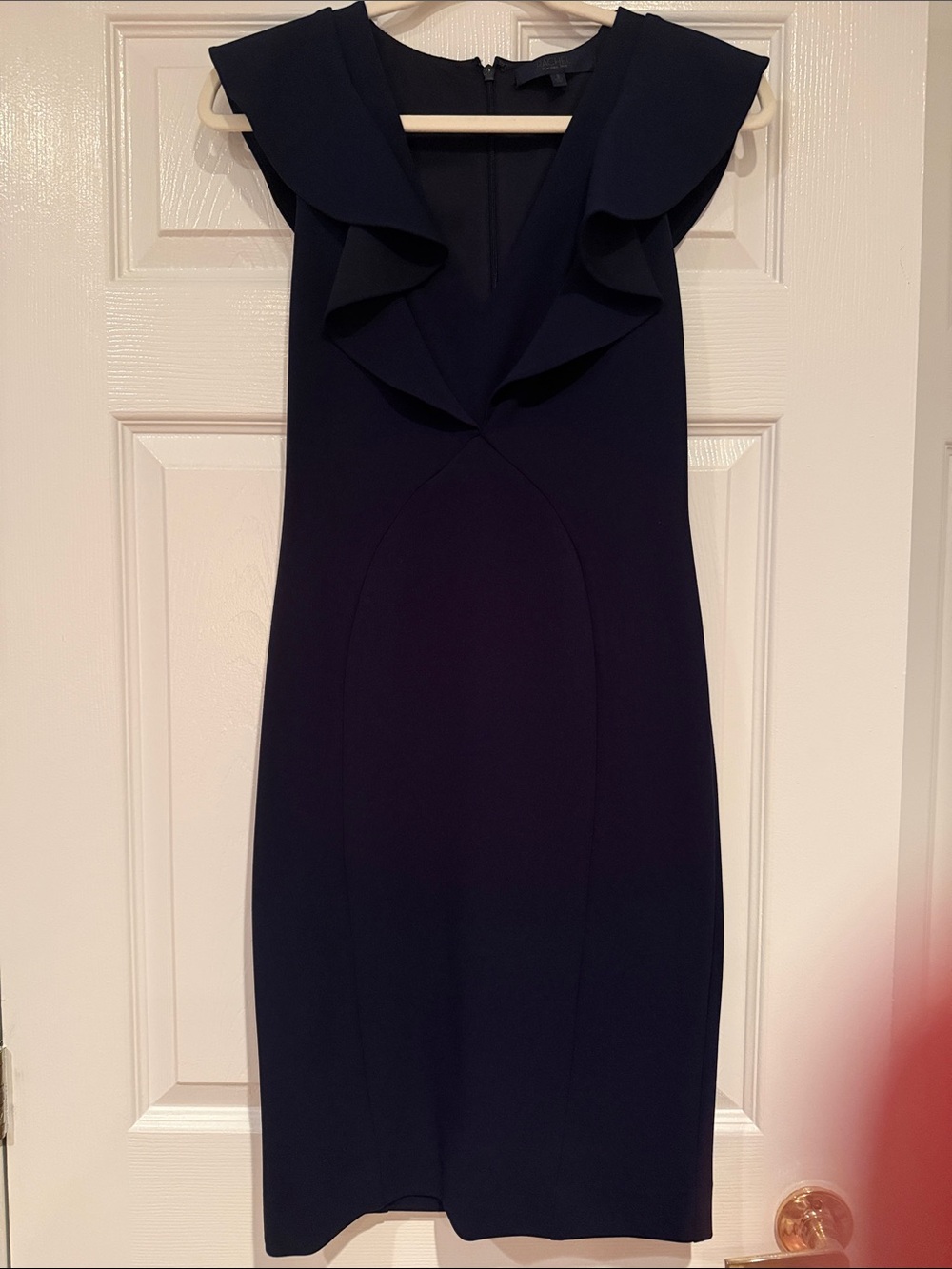Navy Ruffle-Trim Sheath Dress